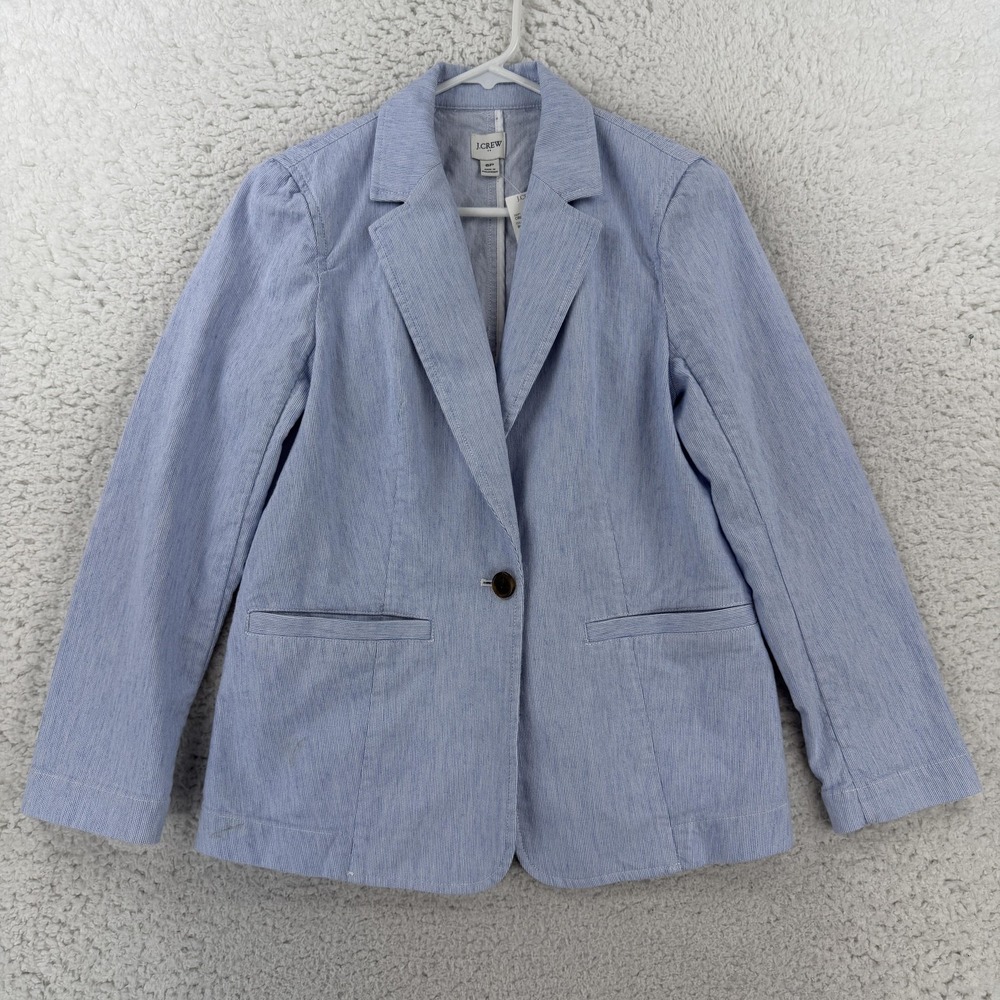 J Crew Blazer Womens 8P Petite Blue Stripe Cotton Linen One Button Jacket BZ017
